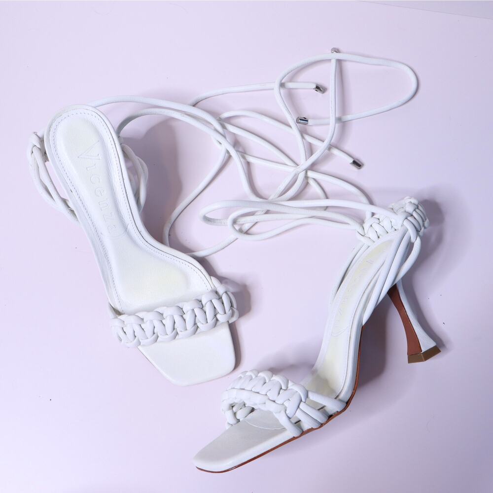 VICENZA Woven Ankle Lace Sandals White Open Square Toe Heel Women's 7